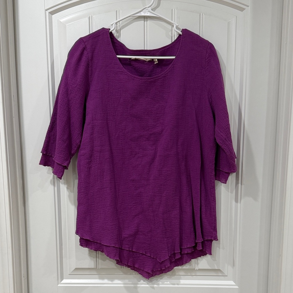 EUC Soft Surroundings Vibrant Purple Gauze Scoop Neck 3/4 Sleeve Tunic - Picture 2 of 5
